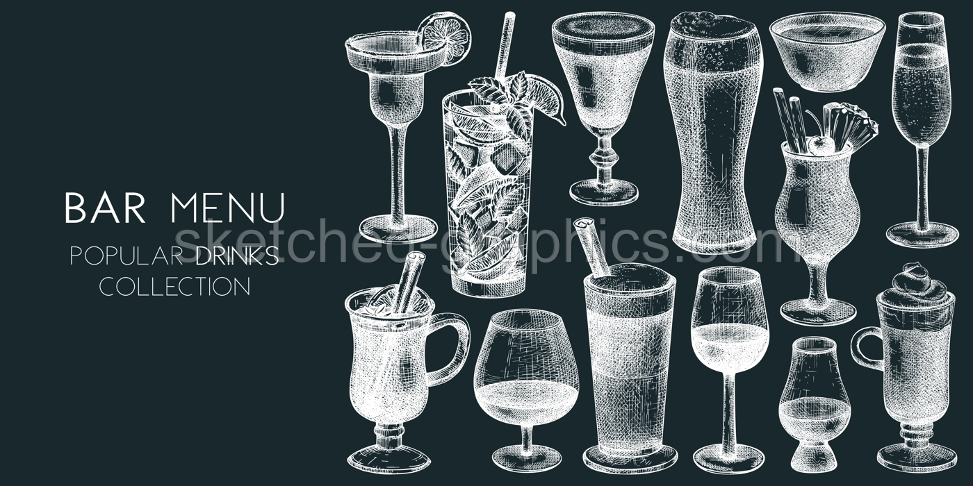 Hand-sketched drinks banner design. Vector sketches of popular beverages in elegant glasses. Popular drinks vintage hand-drawings. Bar or restaurant menu template isolated on chalkboard Illustration